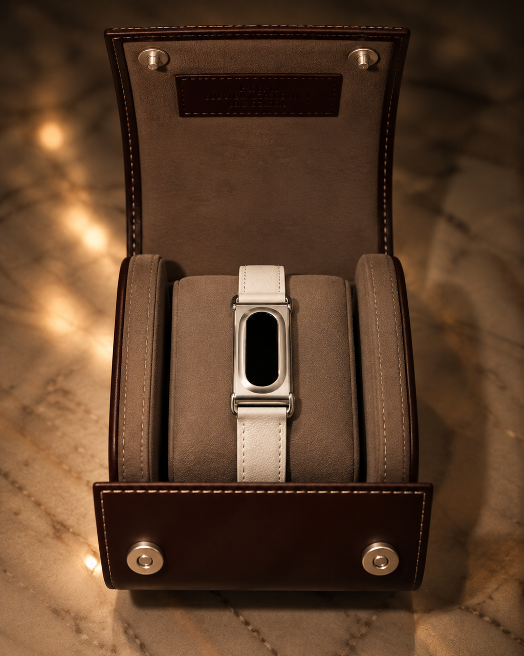 The Prenup band in Beige vegan leather with a metal case, displayed in a leather watch box