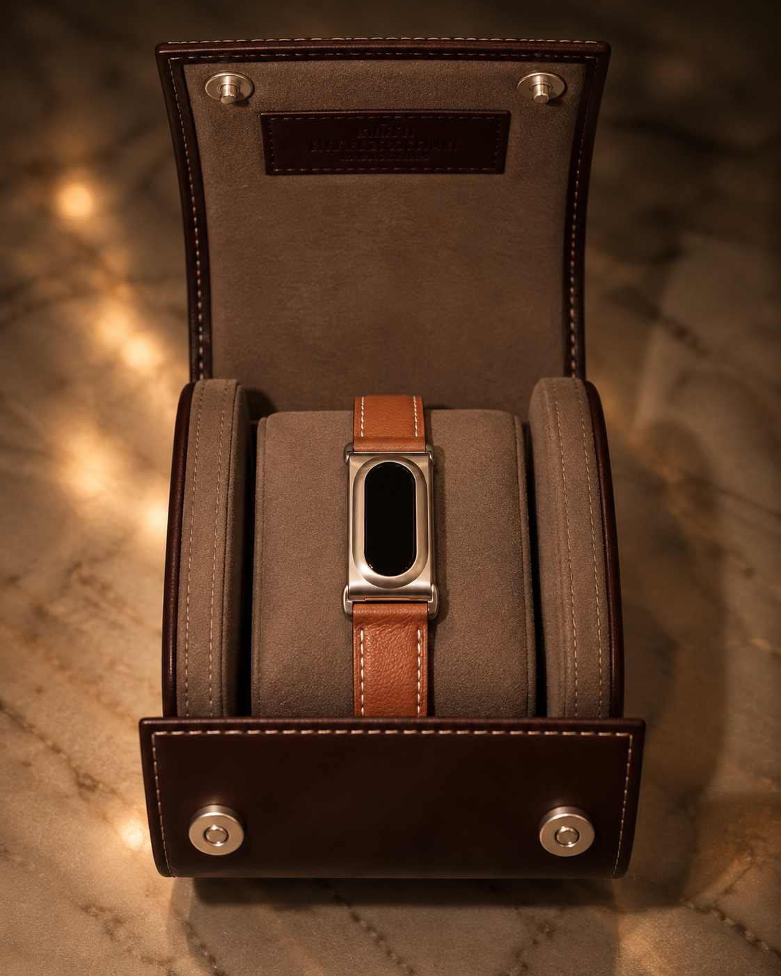 The Prenup band in Brown vegan leather with a metal case, displayed in a leather watch box