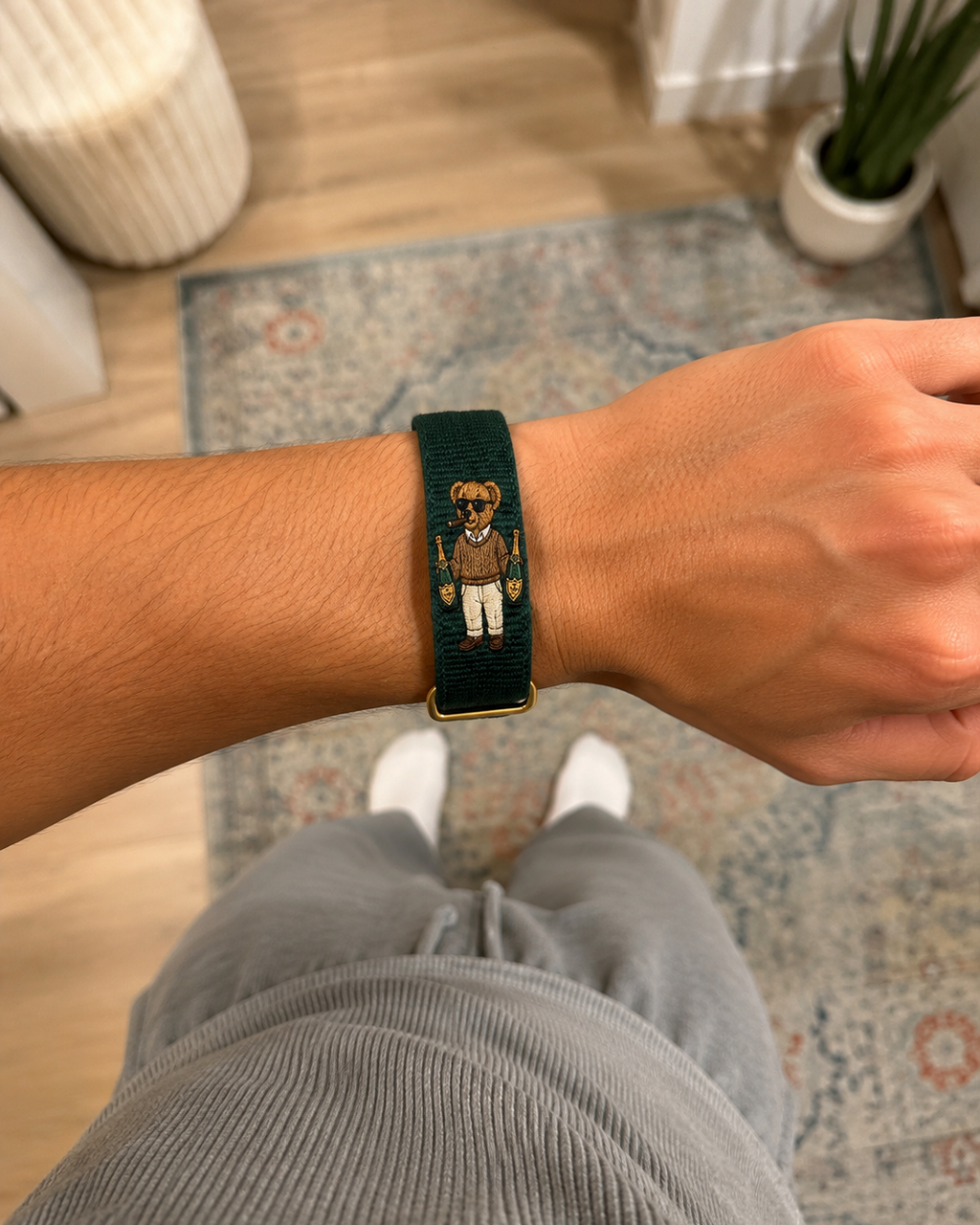 Trust Fund Teddy green woven band worn on the wrist