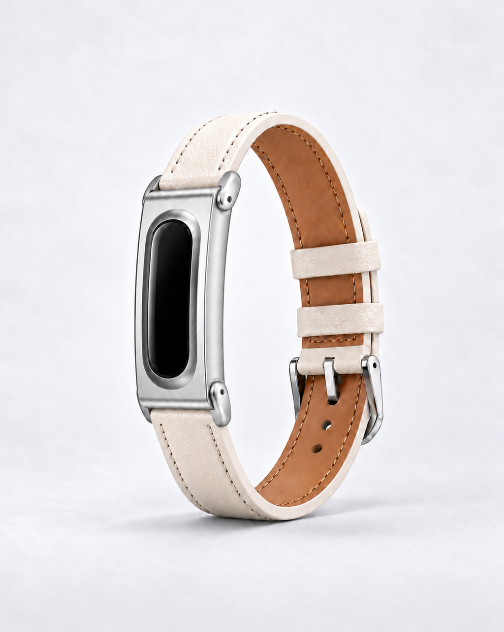 The Prenup band in Beige vegan leather with a silver-tone metal case