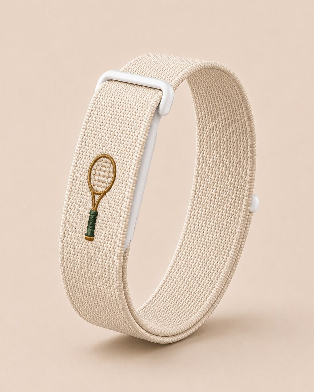 Court Side band in ecru woven fabric with an embroidered tennis racket, compatible with Google Fitbit Air