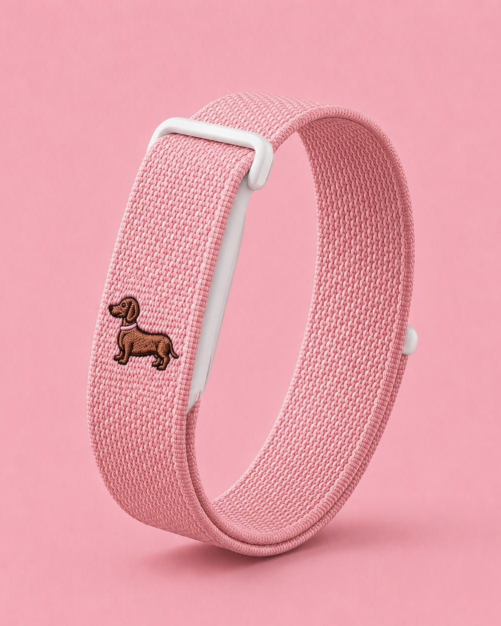 High Maintenance band in pink woven fabric with an embroidered dachshund, compatible with Google Fitbit Air
