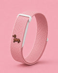 High Maintenance band in pink woven fabric with an embroidered dachshund, compatible with Google Fitbit Air