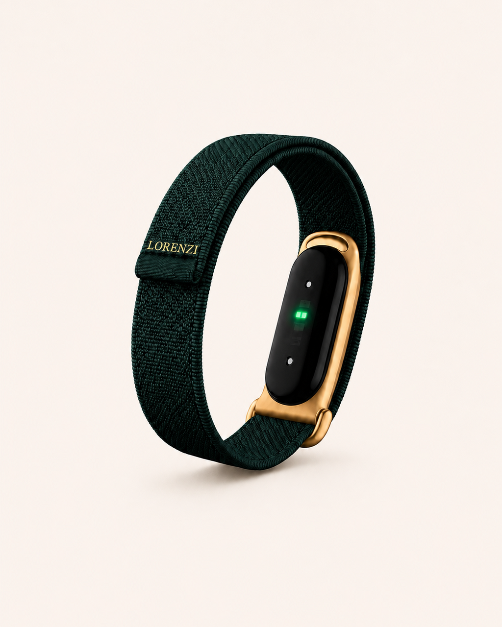 Back of the green Trust Fund Teddy band with the tracker fitted in a gold-tone frame