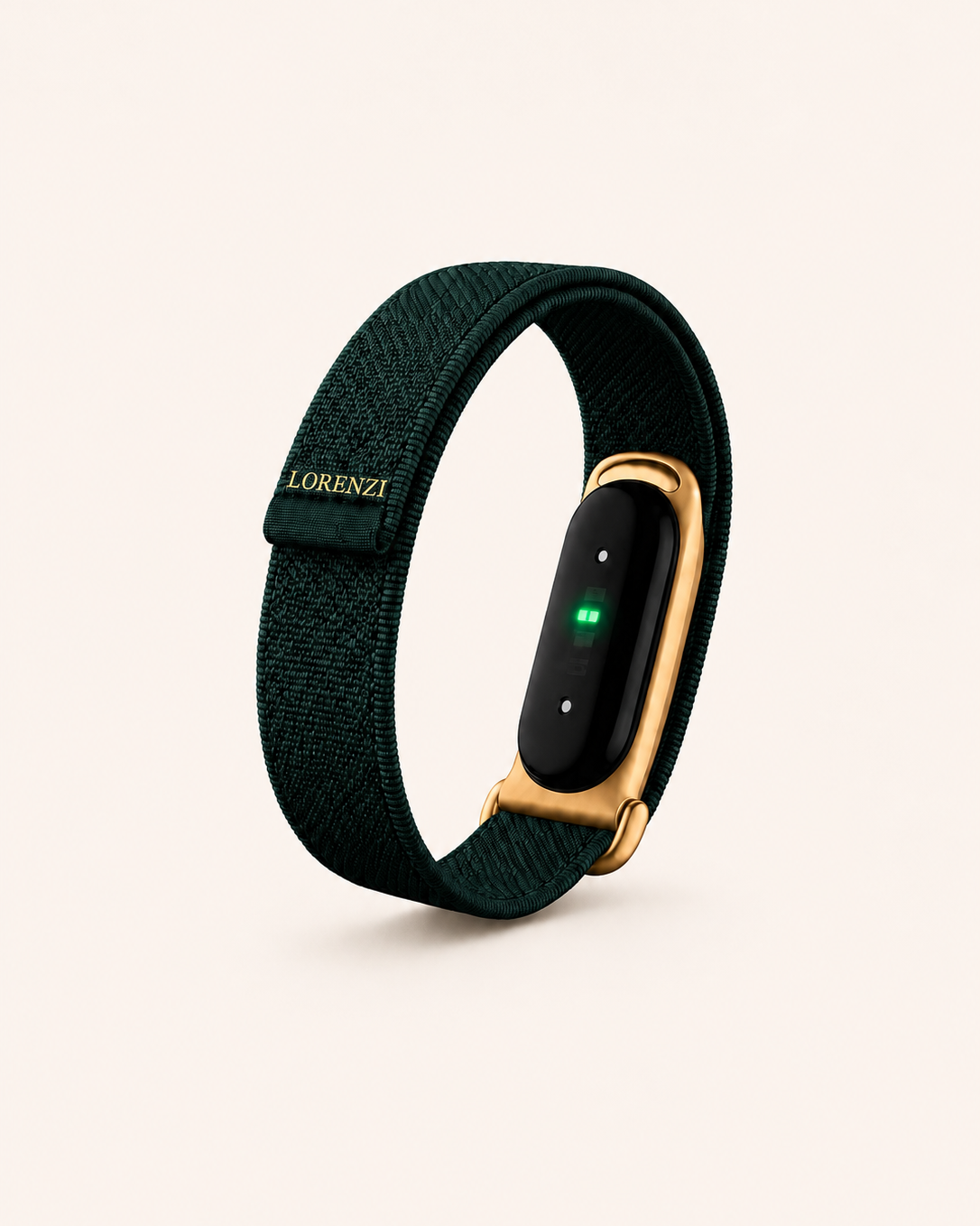 Back of the green Trust Fund Teddy band with the tracker fitted in a gold-tone frame